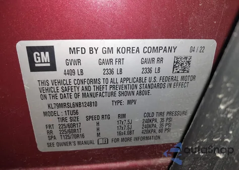 2022 Chevrolet Trailblazer Awd Lt из США, поврежденный, VIN KL79MRSL6NB124810